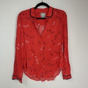 Anthropologie Maeve London Paris Print Button Down Long Sleeve Blouse Top Size 4